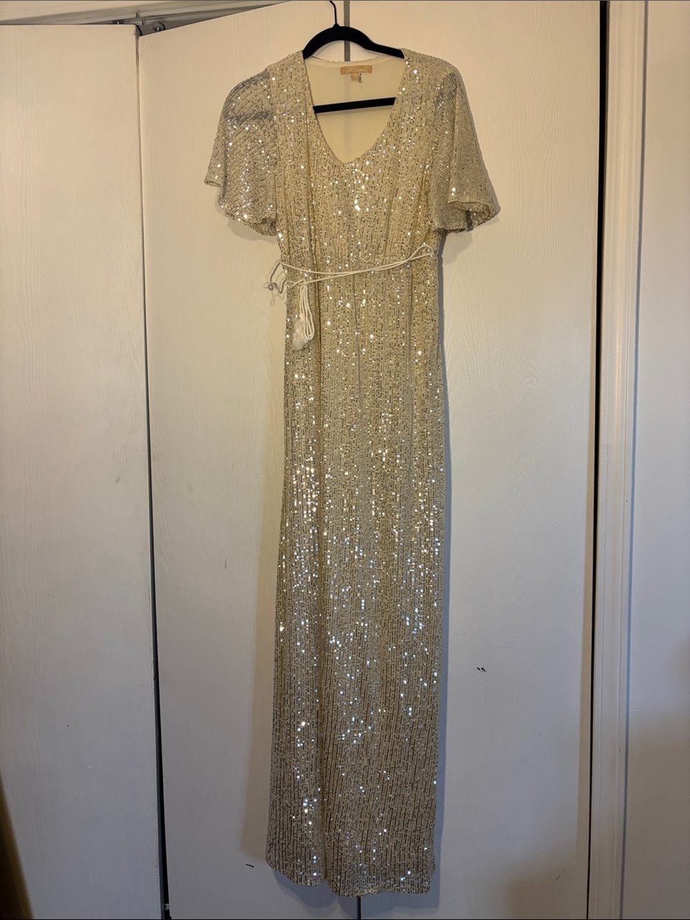 Beaded Sequin Maxi Dress in Gold with Tasseled Waist — Elegant Evening Gown